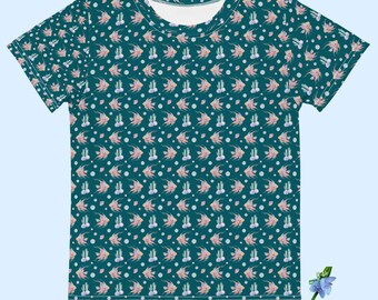 Kids Cotton Crew Neck T-Shirt - Watercolor Angelfish & Coral Design