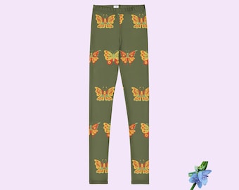 Youth Girls Leggings - Green with Colorful Butterflies in Yellow & Red