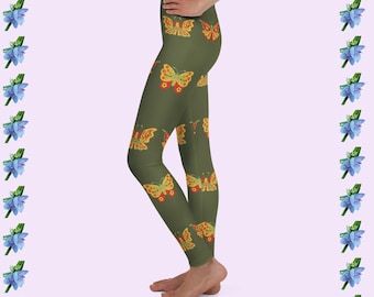 Youth Girls Leggings - Green with Colorful Butterflies in Yellow & Red