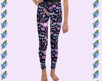 Floral Purple Lunar Moths Youth Leggings - Stylish Kids Wear