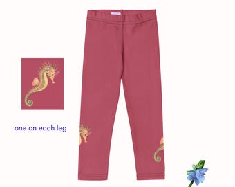 Dark Pink Kids' Leggings with Watercolor Seahorse Design