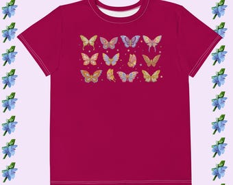 Burgundy Youth Cotton Crew Neck T-Shirt with Butterfly Print