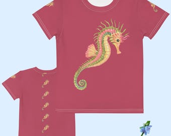 Watercolor Seahorse Kids T-Shirt | Dark Pink Cotton Crew Neck