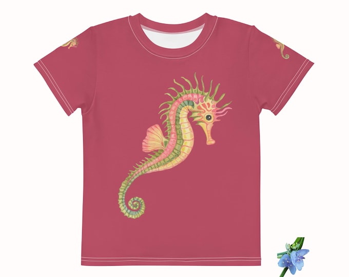 Watercolor Seahorse Kids T-Shirt | Dark Pink Cotton Crew Neck
