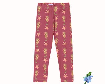 Dark Pink Girls Leggings with Watercolor Angel Fish & Starfish Print