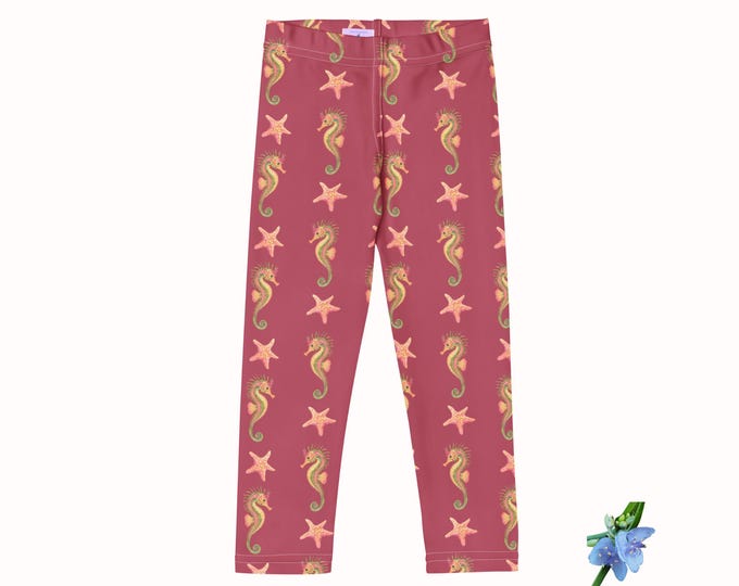 Dark Pink Girls Leggings with Watercolor Angel Fish & Starfish Print