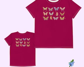Burgundy Youth Cotton Crew Neck T-Shirt with Butterfly Print