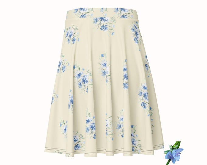 Light Apricot Skater Skirt with Blue Watercolor Floral Print