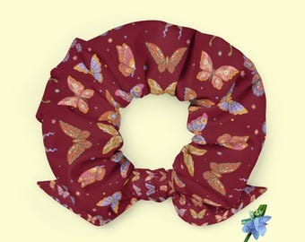 Recycled Scrunchie with Pink, Purple and Yellow Butterflies on Burgundy Background