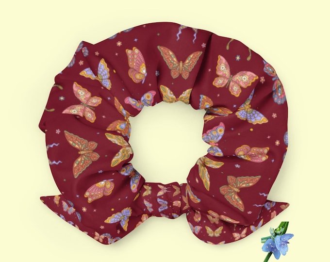 Recycled Scrunchie with Pink, Purple and Yellow Butterflies on Burgundy Background