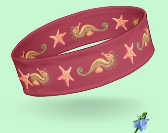 Watercolor Seahorse & Starfish Dark Pink Headband for Kids
