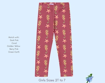 Dark Pink Girls Leggings with Watercolor Angel Fish & Starfish Print