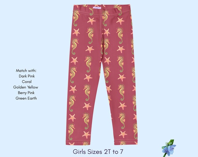Dark Pink Girls Leggings with Watercolor Angel Fish & Starfish Print