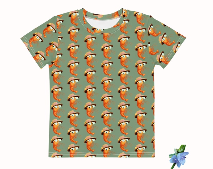 Kids Cotton Crew Neck Tee - Adorable Happy Shrimp Graphic