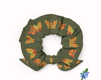 Butterfly Print Scrunchie - Recycled Microfiber in Green with Red and Yellow