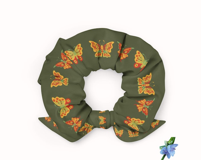 Butterfly Print Scrunchie - Recycled Microfiber in Green with Red and Yellow