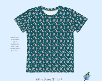 Kids Cotton Crew Neck T-Shirt - Watercolor Angelfish & Coral Design