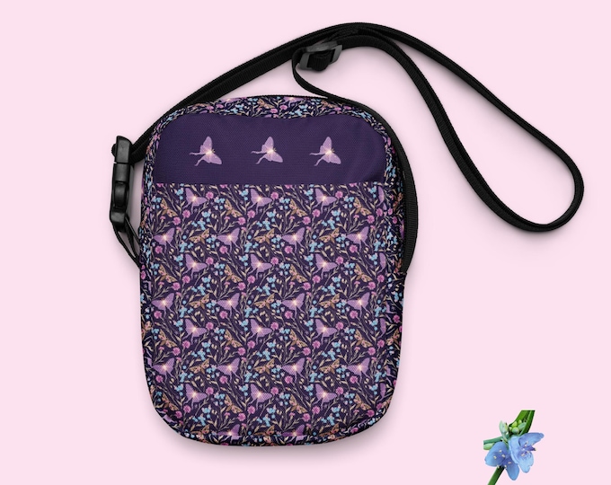 Utility Crossbody in Purple with Lunar Moths & Blue Floral Design