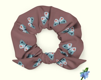 Recycled Blue Moth Print Scrunchie - Eco-Friendly Hair Accessory