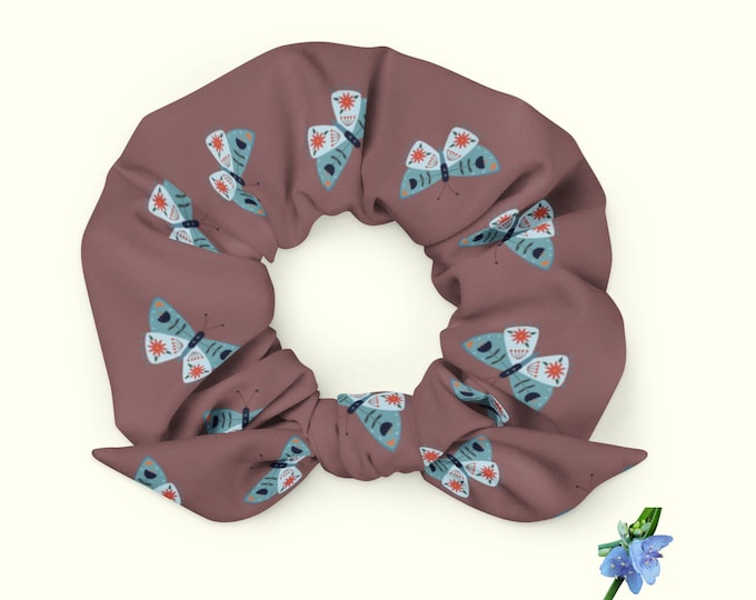 Recycled Blue Moth Print Scrunchie - Eco-Friendly Hair Accessory
