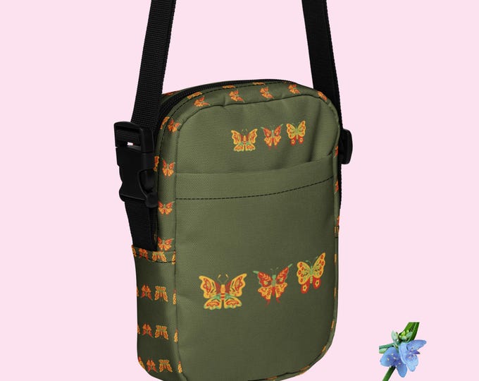 Green Utility Crossbody Bag Featuring Colorful Red and Yellow Butterflies