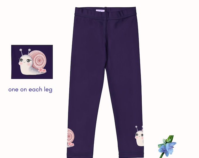 Kid's Deep Purple Leggings with Happy Pink Snail Design