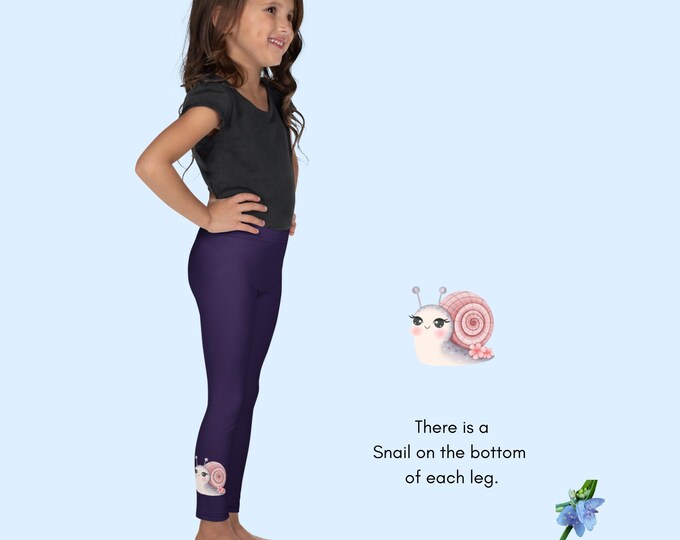 Kid's Deep Purple Leggings with Happy Pink Snail Design