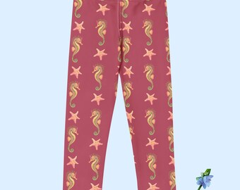 Dark Pink Girls Leggings with Watercolor Angel Fish & Starfish Print