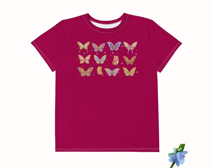 Burgundy Youth Cotton Crew Neck T-Shirt with Butterfly Print