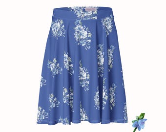 Skater Skirt with Blue Watercolor Blue Flowers on Blue Background
