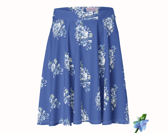 Skater Skirt with Blue Watercolor Blue Flowers on Blue Background