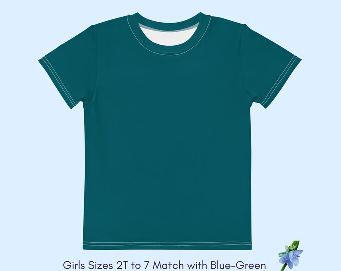 Girls Solid Green-Blue Cotton Crew Neck T-Shirt