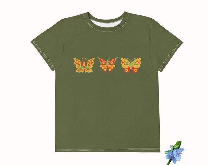 Butterfly Print Youth T-Shirt - Red & Yellow Design on Green Cotton