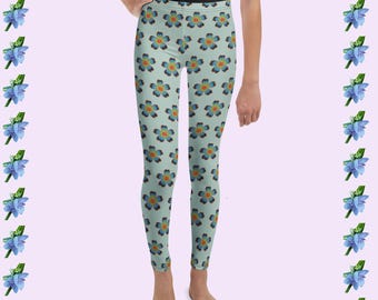 Blue Boho Flower Design Youth Leggings | Stylish Kids Activewear