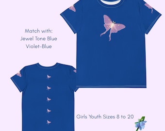 Youth Bright Blue Cotton Crew Neck T-Shirt with Purple Lunar Moth Design