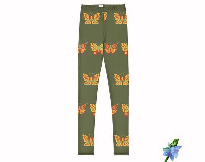 Youth Girls Leggings - Green with Colorful Butterflies in Yellow & Red