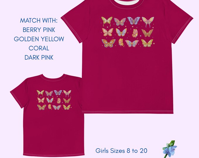 Burgundy Youth Cotton Crew Neck T-Shirt with Butterfly Print