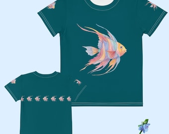Green-Blue Cotton Crew Neck T-Shirt for Kids with Angelfish Design