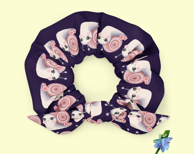 Recycled Fabric Scrunchie: Pink Snails on Purple Background