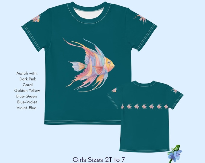 Blue-Green Cotton Crew Neck T-Shirt for Kids with Angelfish Design
