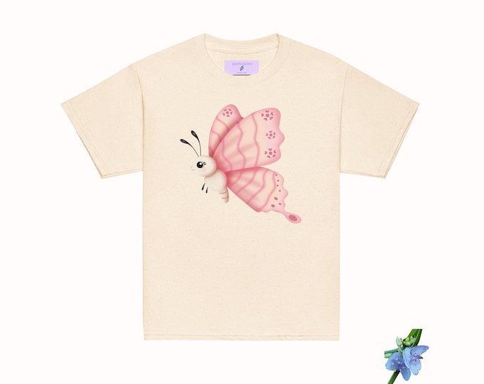 Butterfly Print Youth Girls' Short Sleeve Shirt in Pink & Yellow