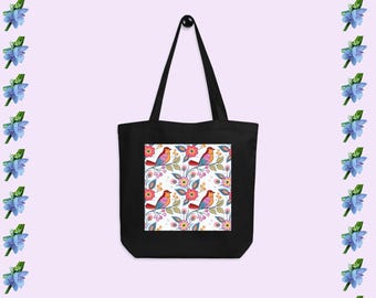 Eco-Friendly Tote Bag with Bird & Flower Graphic Print