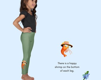 Green Kid's Leggings with Adorable Happy Shrimp Print