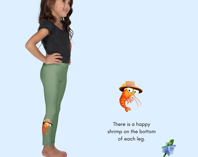 Green Kid's Leggings with Adorable Happy Shrimp Print