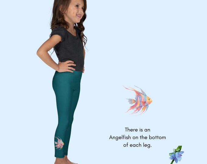 Kids' Leggings - Blue/Green with Colorful Watercolor Angel Fish Design