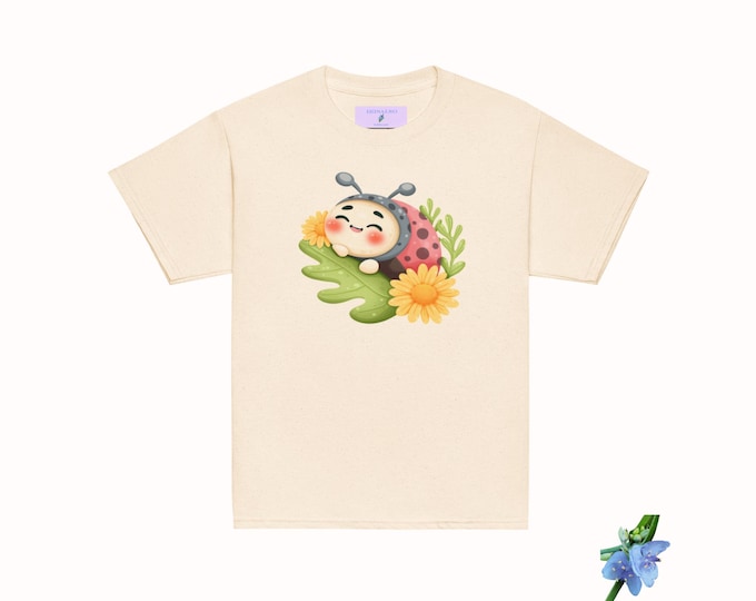 Kids' Classic Short Sleeve Tee - Cotton Shirt Featuring Ladybug on Leaf