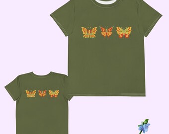 Butterfly Print Youth T-Shirt - Red & Yellow Design on Green Cotton
