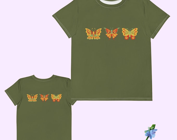Featured listing image: Butterfly Print Youth T-Shirt - Red & Yellow Design on Green Cotton