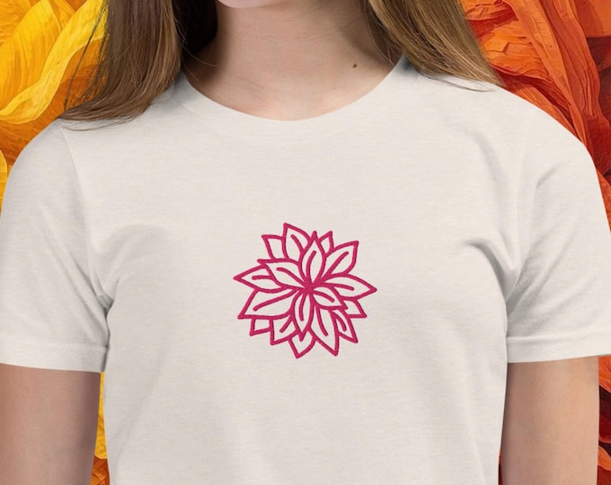 Cute Pink Flower Embroidered Youth T-Shirt - Short Sleeve