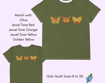 Butterfly Print Youth T-Shirt - Red & Yellow Design on Green Cotton